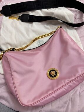 Authentic versace Pink Nylon Shoulder Bag with Gold Medusa Emblem